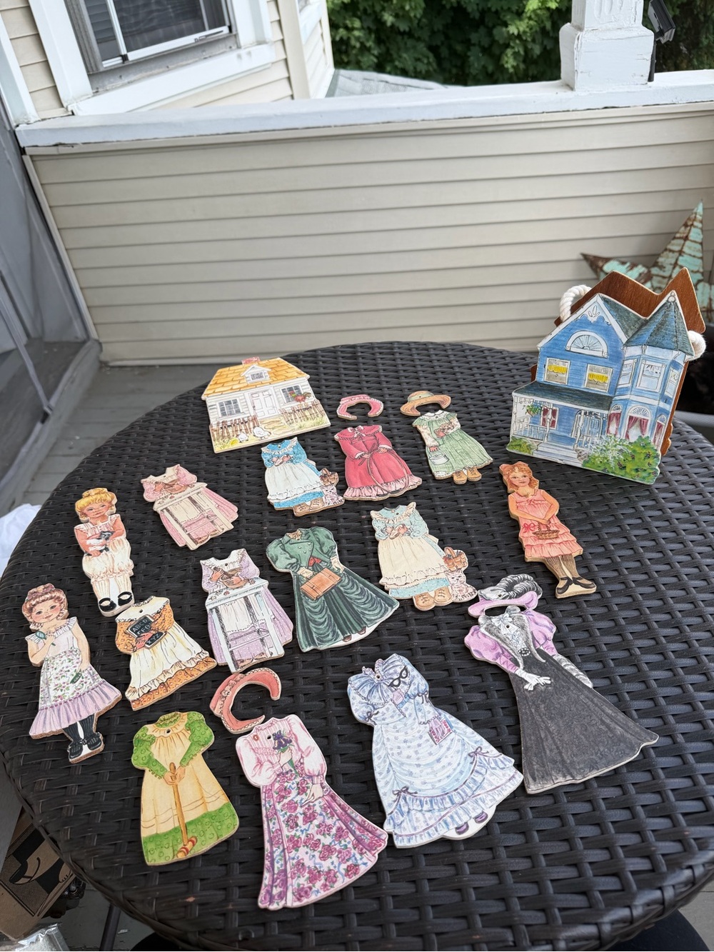 Vintage Bethany Farms Handmade Wooden Peg Paper Doll Set with Shelf